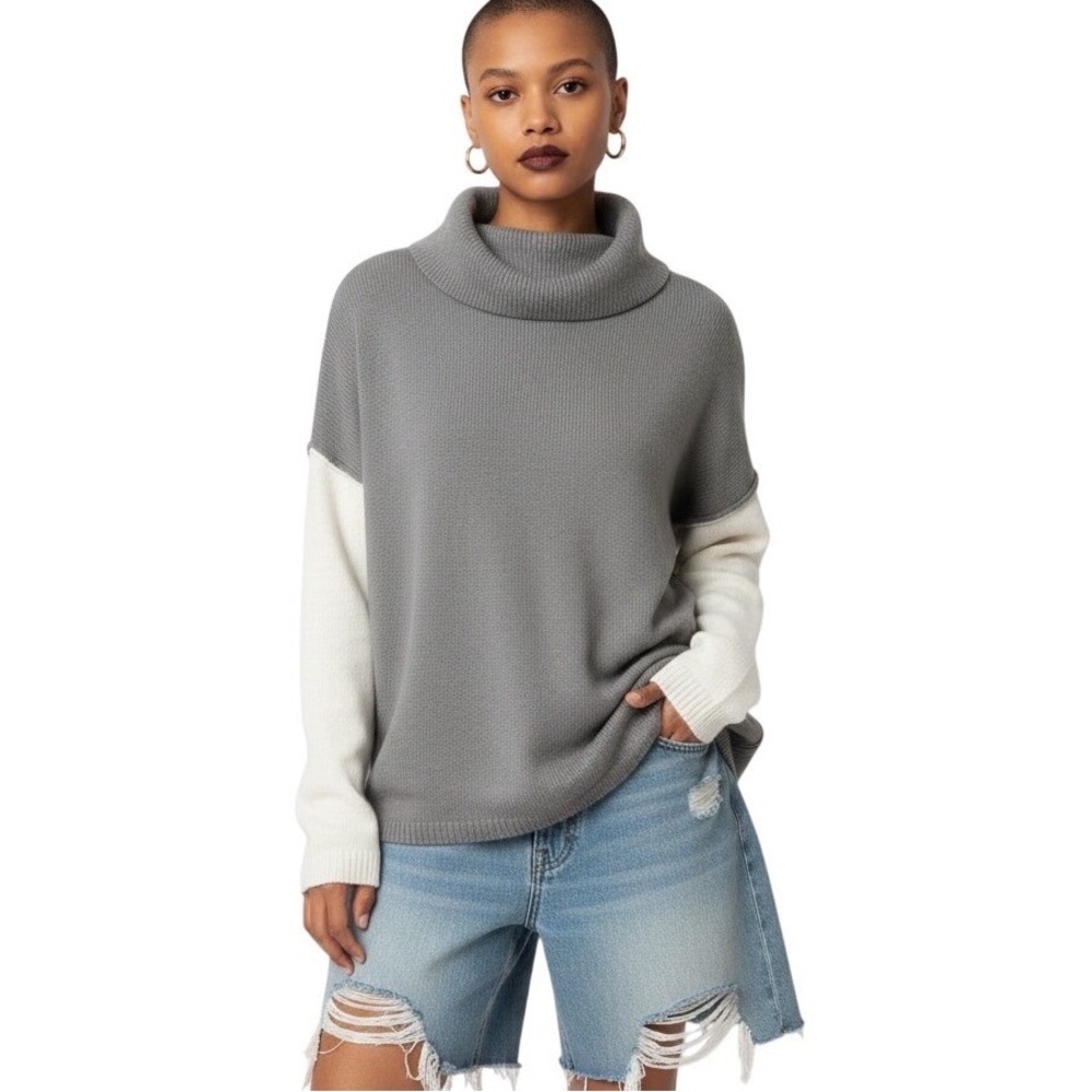 Dokotoo Colorblock Turtleneck Sweater Grey Black Cream Oversized Fall Scandi M